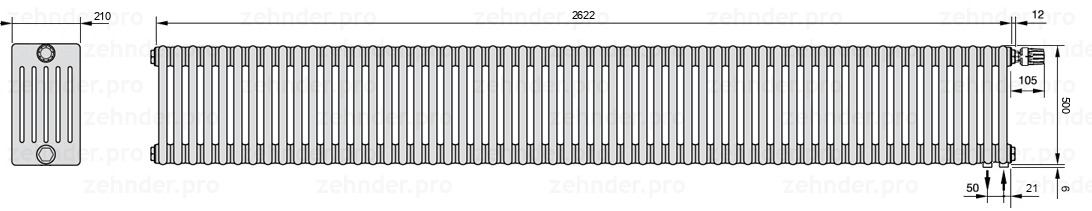 Схема (чертеж) Радиатор Zehnder Charleston 6050/57 №V002 Белый глянцевый RAL 9016
